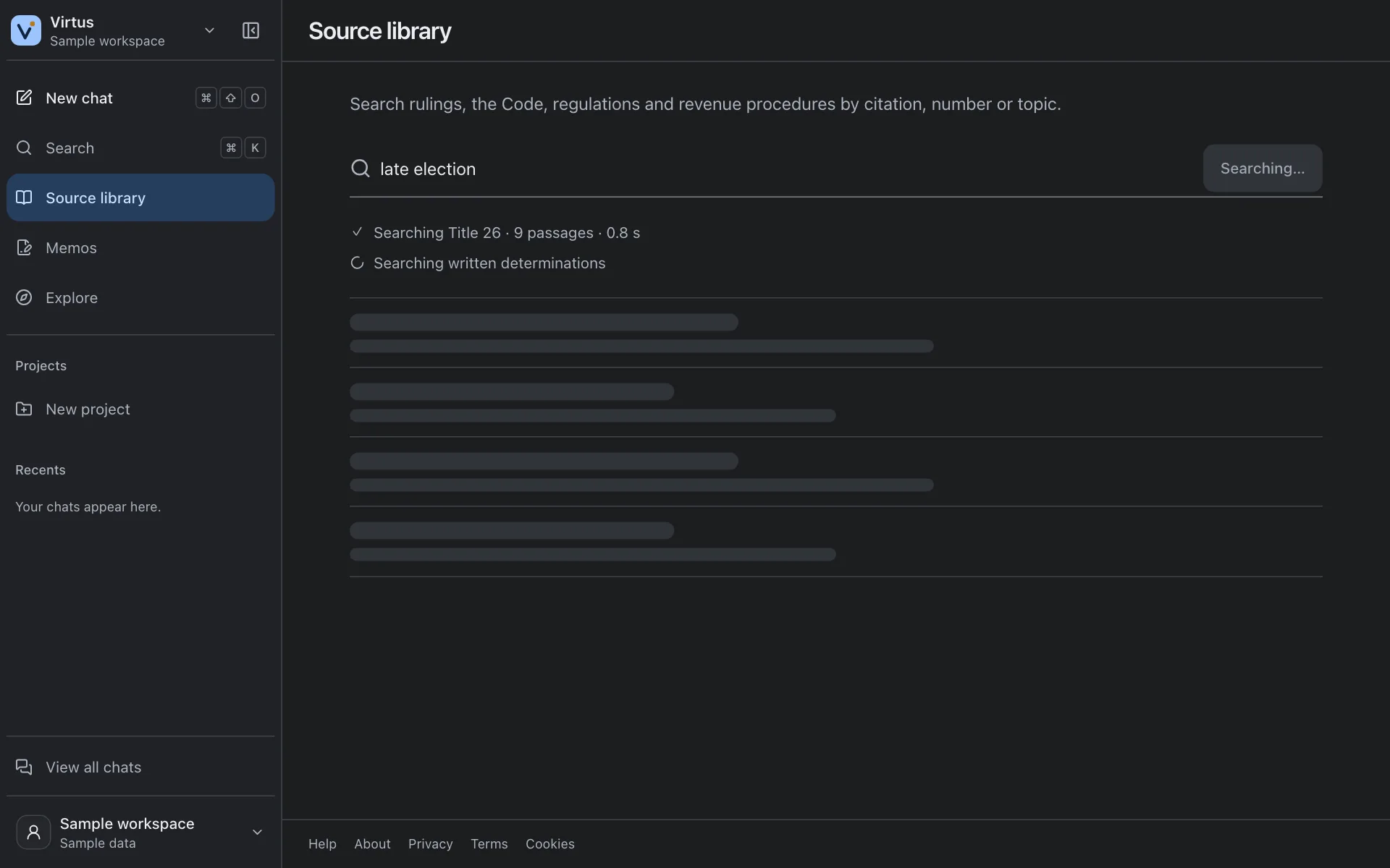 The Source library in the sample workspace, listing results for a search with each document’s publisher and status.