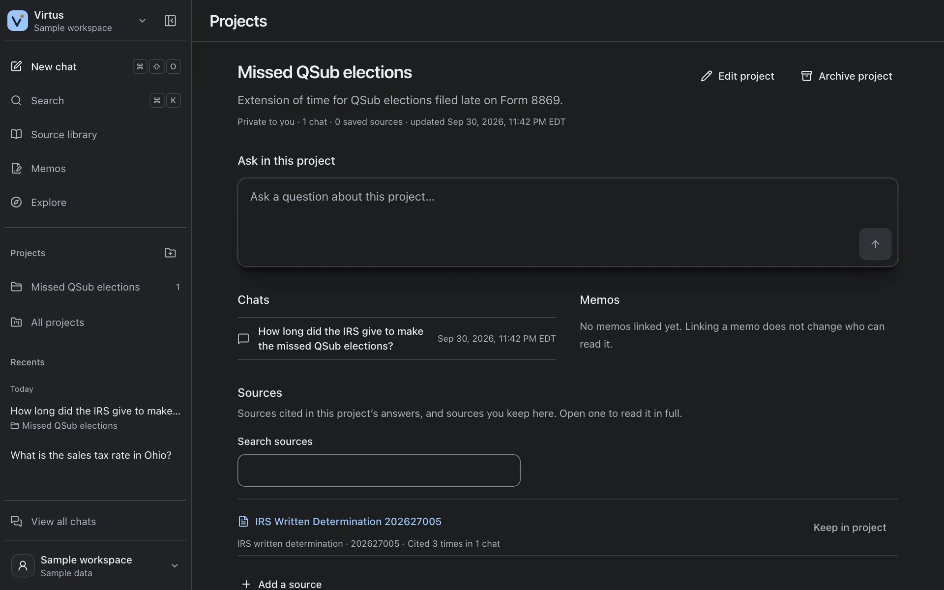 A private project in the sample workspace with its conversation about the missed QSub elections and the ruling its answer cites, PLR 202627005.